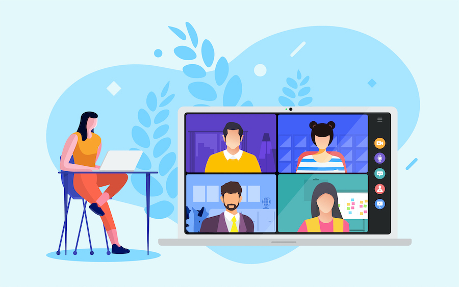 Illustrations flat design concept video conference. online meeting work form home. Vector illustrate.